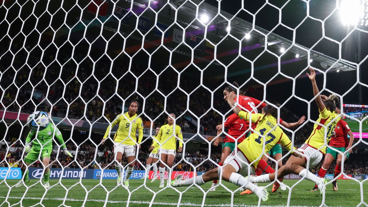 Morocco's midfielder #16 Anissa Lahmari scores her team's first goal during the Australia and New Zealand 2023 Women's World Cup Group H football match between Morocco and Colombia at Perth Rectangular Stadium in Perth on August 3, 2023. (Photo by Colin MURTY / AFP) (Photo by COLIN MURTY/AFP via Getty Images)