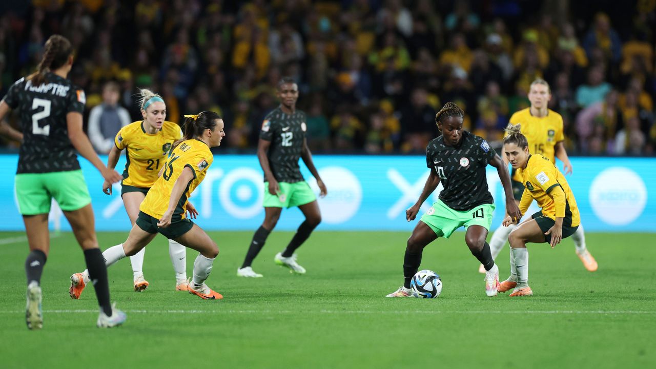 Editorial use only
Mandatory Credit: Photo by Isabel Infantes/Shutterstock (14021686iy)
Christy Ucheibe and Katrina Gorry
Australia Women v Nigeria Women, FIFA Women's World Cup, Group B, International Football, Brisbane Stadium, Brisbane, Australia - 27 Jul 2023