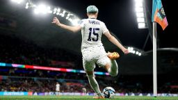 Megan Rapinoe of USA takes a corner kick during the Women's Round of 16 match between Sweden and USA in Melbourne on Sunday, on August 6, 2023.