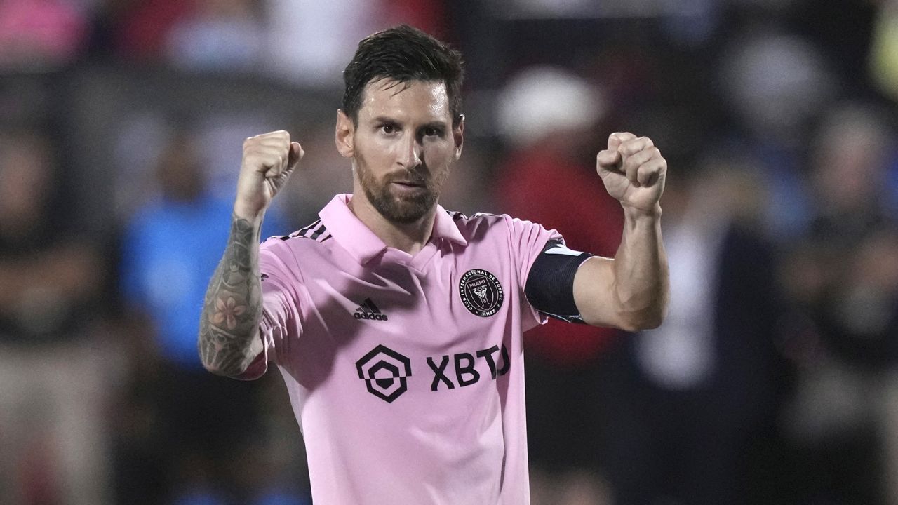 Inter Miami forward Lionel Messi celebrates a score during penalty kicks in the team's Leagues Cup soccer match against FC Dallas on Sunday, Aug. 6, 2023, in Frisco, Texas. (AP Photo/LM Otero)