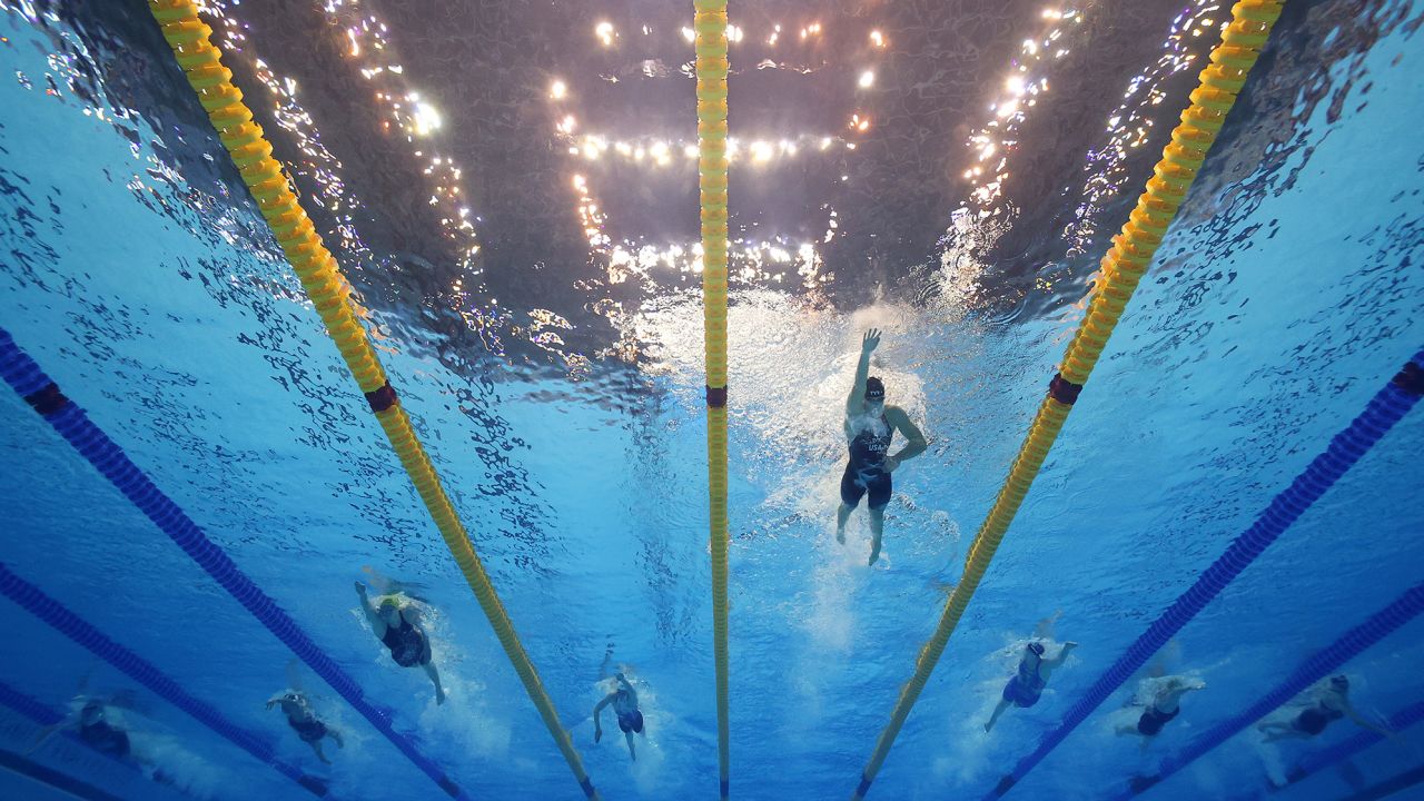 FUKUOKA, JAPAN - JULY 29: (EDITORS NOTE: Image taken using an underwater remote camera.) Katie Ledecky of Team United States leads the field in the Women's 800m Freestyle Final on day seven of the Fukuoka 2023 World Aquatics Championships at Marine Messe Fukuoka Hall A on July 29, 2023 in Fukuoka, Japan. (Photo by Clive Rose/Getty Images)