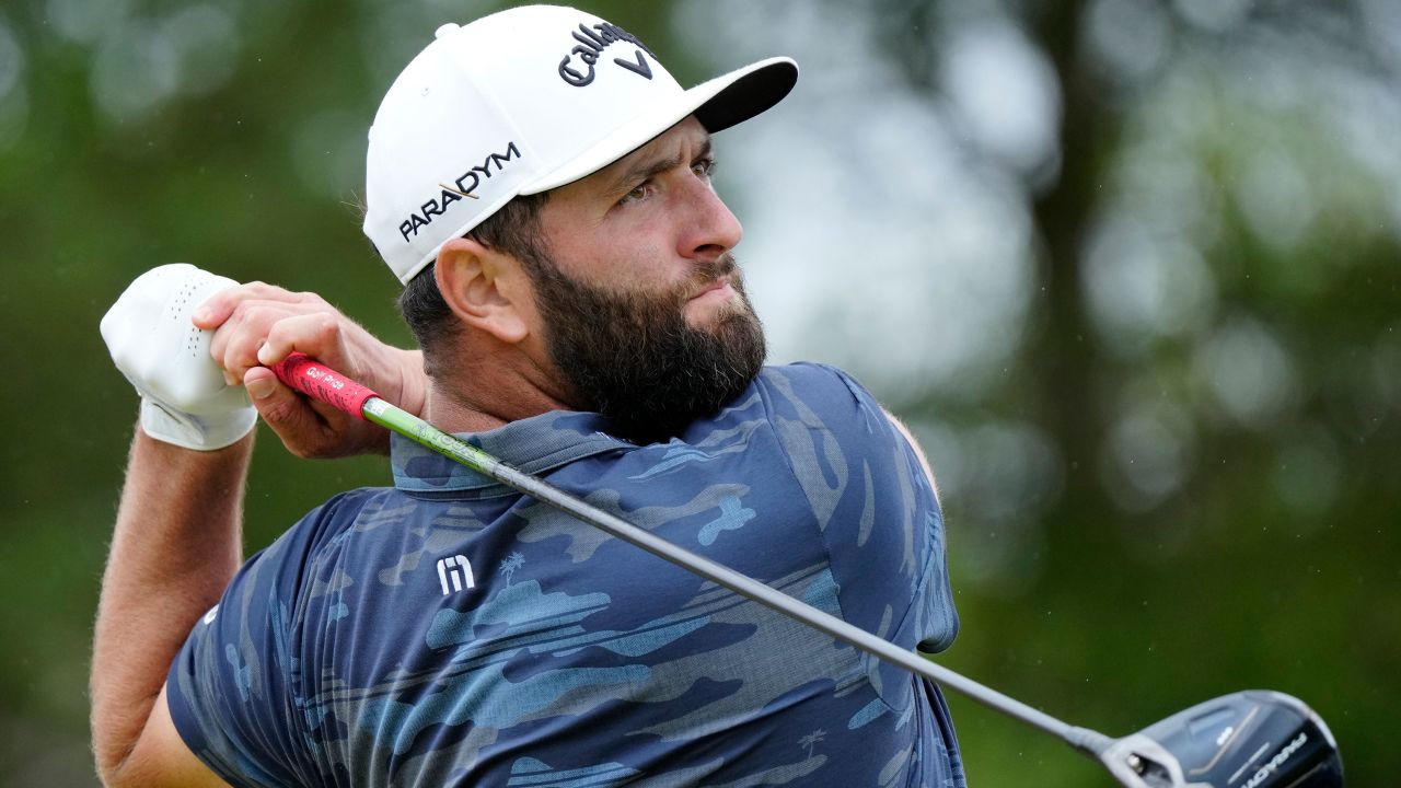 Spain's Jon Rahm plays his tee shot on the 18th hole during the third day of the British Open Golf Championships at the Royal Liverpool Golf Club in Hoylake, England, Saturday, July 22, 2023. (AP Photo/Jon Super)