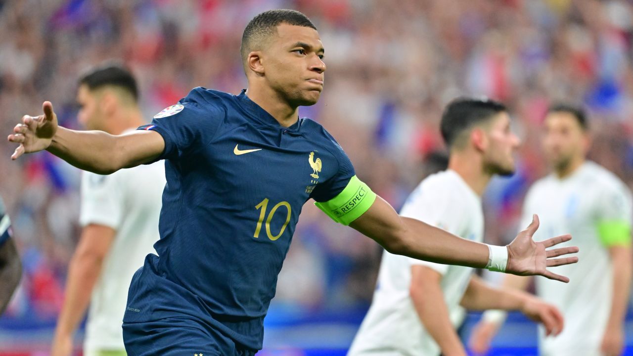 PARIS, FRANCE - JUNE 19: Kylian Mbappé celebrate one goal of France in action during the UEFA EURO 2024 Qualifying Round match between France and Greece at Stade de France on June 19, 2023 in Saint-Denis, near Paris, France. (Photo by Christian Liewig - Corbis/Getty Images)