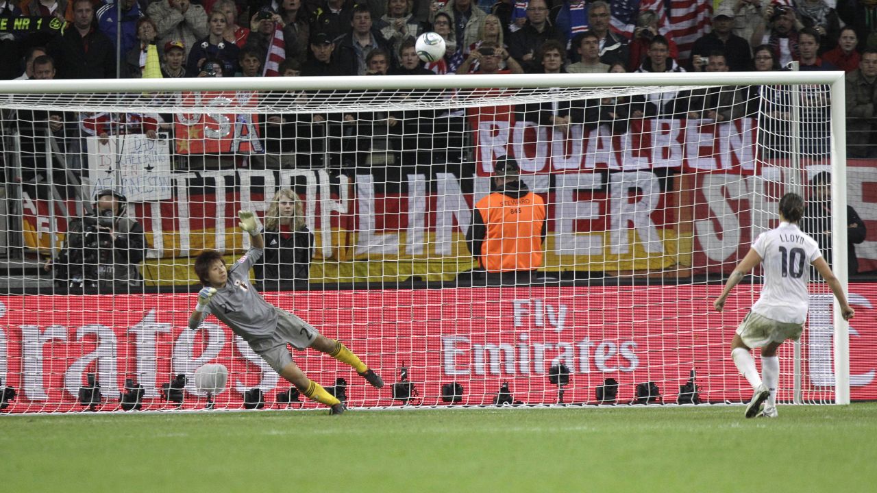 United States' Carli Lloyd fails to score during the penalty shootout of the final match between Japan and the United States at the Women's Soccer World Cup in Frankfurt, Germany, Sunday, July 17, 2011. The Japanese women's soccer team won their first World Cup Sunday after defeating USA in a penalty shoot-out. (AP Photo/Marcio Jose Sanchez)