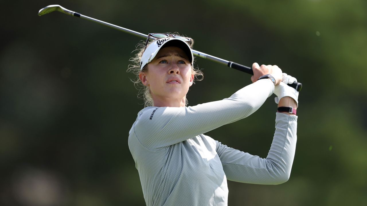 TADWORTH, ENGLAND - AUGUST 10: Nelly Korda of United States plays her second shot on the 18th hole on Day One of the AIG Women's Open at Walton Heath Golf Club on August 10, 2023 in Tadworth, England. (Photo by Warren Little/Getty Images)