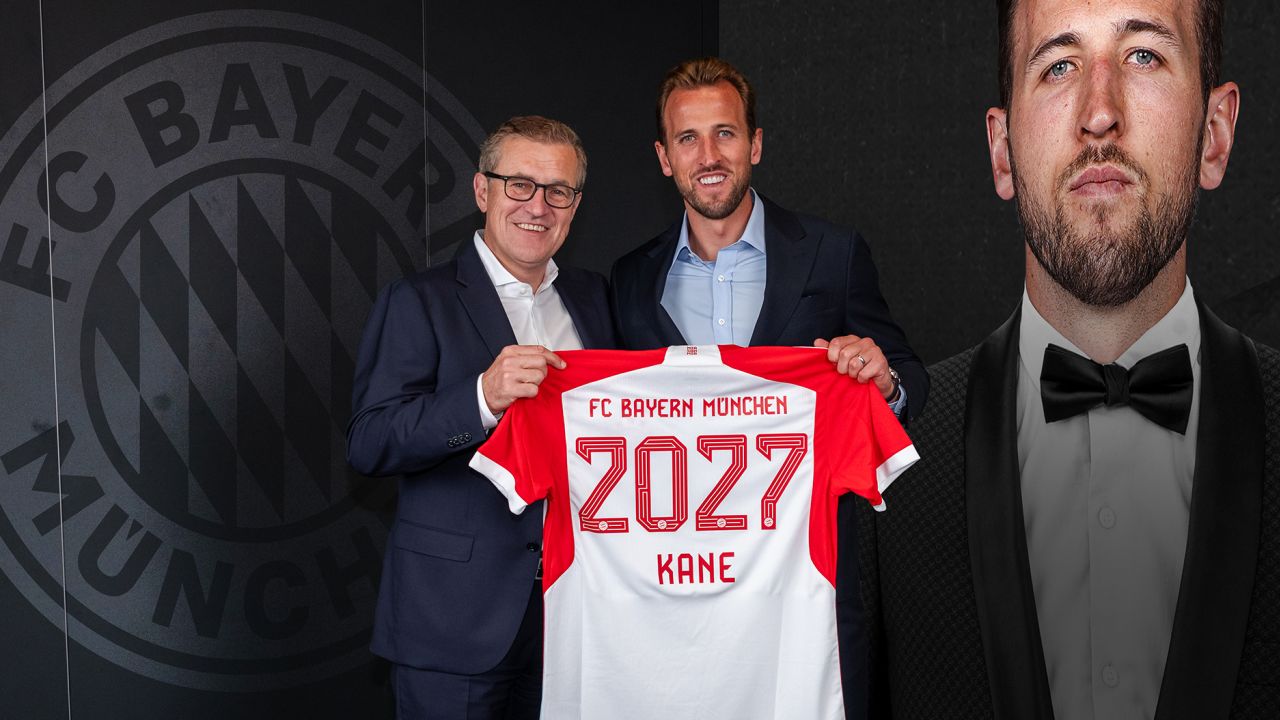 MUNICH, GERMANY - AUGUST 11: (EXCLUSIVE COVERAGE) CEO Jan-Christian Dressen of FC Bayern Muenchen and Harry Kane of FC Bayern Muenchen during the unveiling of his signing on August 11, 2023 in Munich, Germany. (Photo by S. Mellar/FC Bayern via Getty Images)