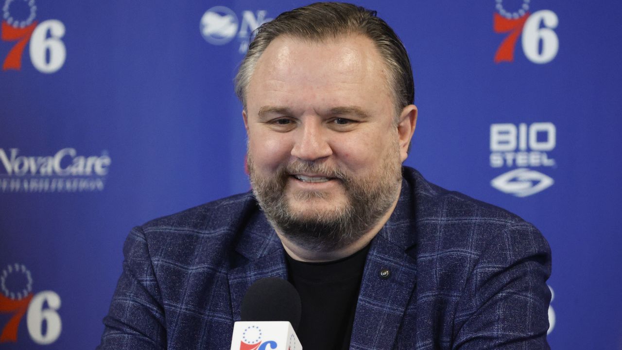 CAMDEN, NEW JERSEY - FEBRUARY 15: President of basketball operations Daryl Morey looks on during a press conference at the Seventy Sixers Practice Facility on February 15, 2022 in Camden, New Jersey. (Photo by Tim Nwachukwu/Getty Images) NOTE TO USER: User expressly acknowledges and agrees that, by downloading and or using this photograph, User is consenting to the terms and conditions of the Getty Images License Agreement.