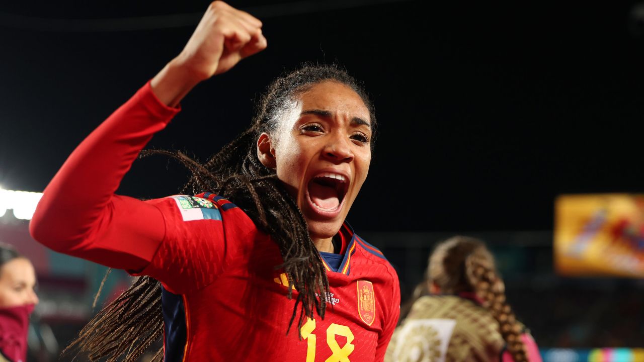 Salma Paralluelo of Spain celebrates after scoring the opening goal.