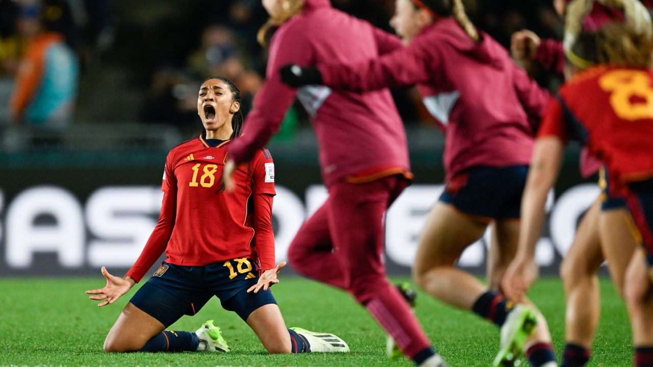 Spain's Salma Paralluelo celebrates after reaching the World Cup final.