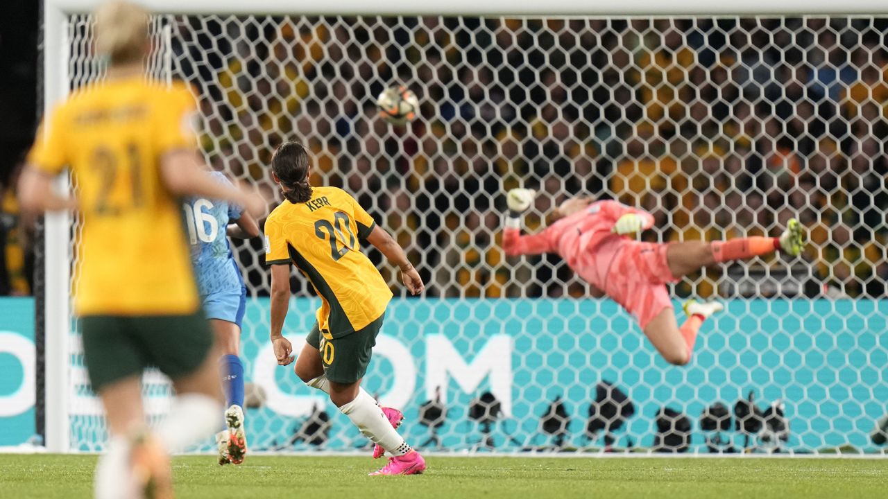 Sam Kerr's stunning effort hits the back of the net.