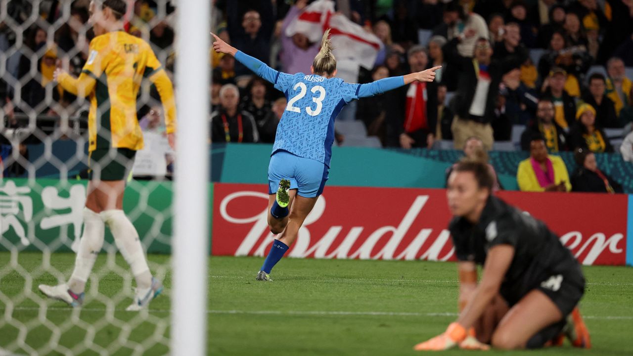 England's Alessia Russo celebrates scoring their third goal in Sydney on Wednesday.