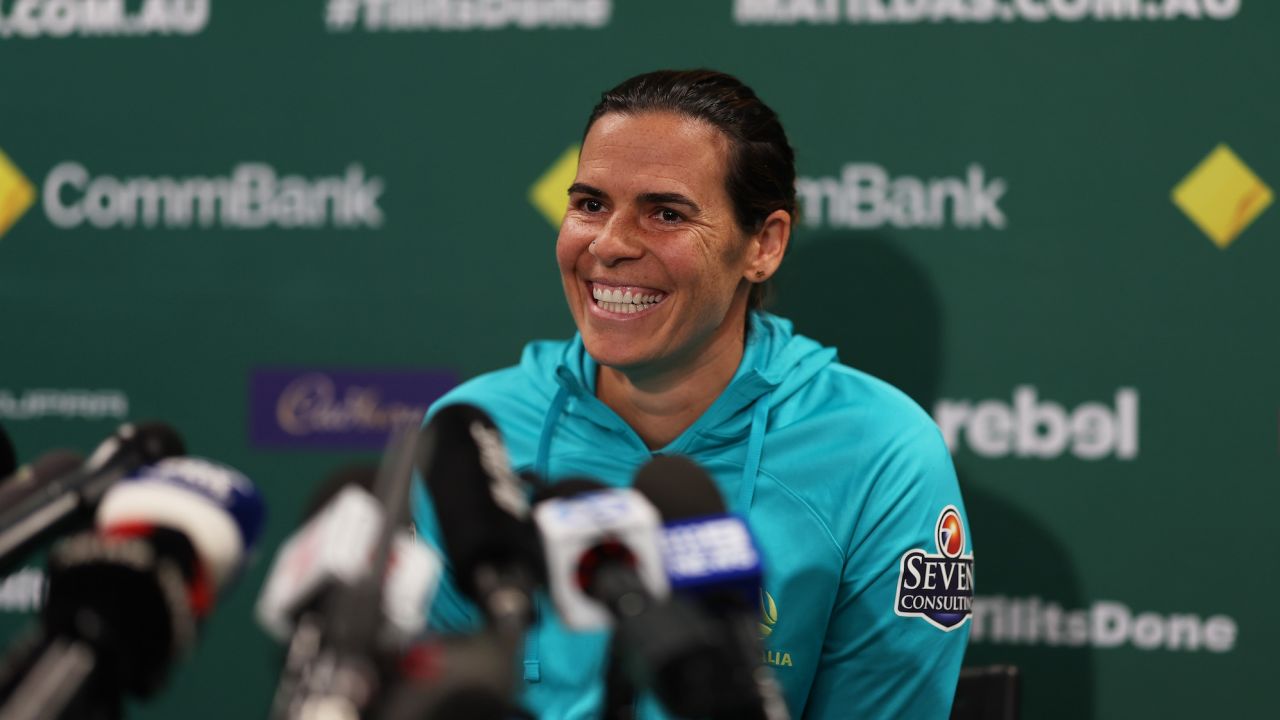 Lydia Williams speaks to the media during the FIFA Women's World Cup at Sydney Football Stadium on August 14, 2023.