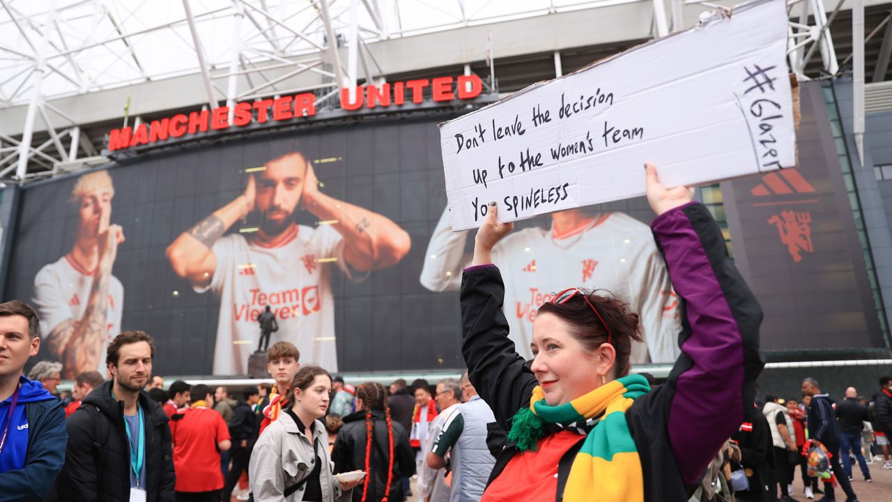 MANCHESTER, ENGLAND - AUGUST 14: Manchester United fans protest against the Glazers with a sign referencing articles that have recently come out about the Mason Greenwood situation during the Premier League match between Manchester United and Wolverhampton Wanderers at Old Trafford on August 14, 2023 in Manchester, England. (Photo by Simon Stacpoole/Offside/Offside via Getty Images)