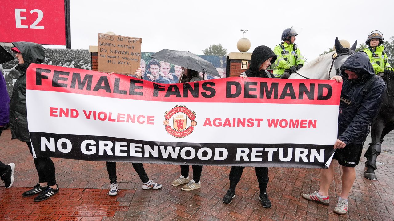 Mandatory Credit: Photo by Ioannis Alexopoulos/LNP/Shutterstock (14054649d)
Manchester United fans gather outside Old Trafford stadium as they stage a protest against Mason Greenwood return ahead of the English Premier League football match between Manchester United and Wolves at Old Trafford in Manchester.
Mason Greenwood Protest outside Old Trafford, Manchester, Greater Manchester, UK - 14 Aug 2023