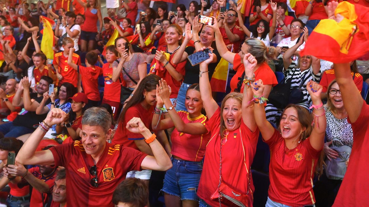 Fans cheer Spain's victory while watching a live transmission of the FIFA Women's World Cup 2023 in Madrid.