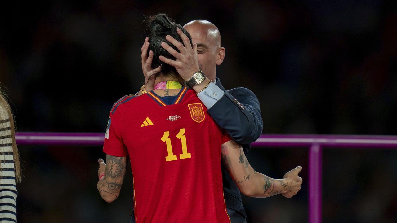 Sydney, Australia, August 20th 2023: Jenni Hermoso (10 Spain) is kissed by president of the RFEF Luis Rubiales during the FIFA Womens World Cup 2023 Final football match between Spain and England at Stadium Australia in Sydney, Australia. (Noe Llamas / SPP) (Photo by Noe Llamas / SPP/Sipa USA)(Sipa via AP Images)