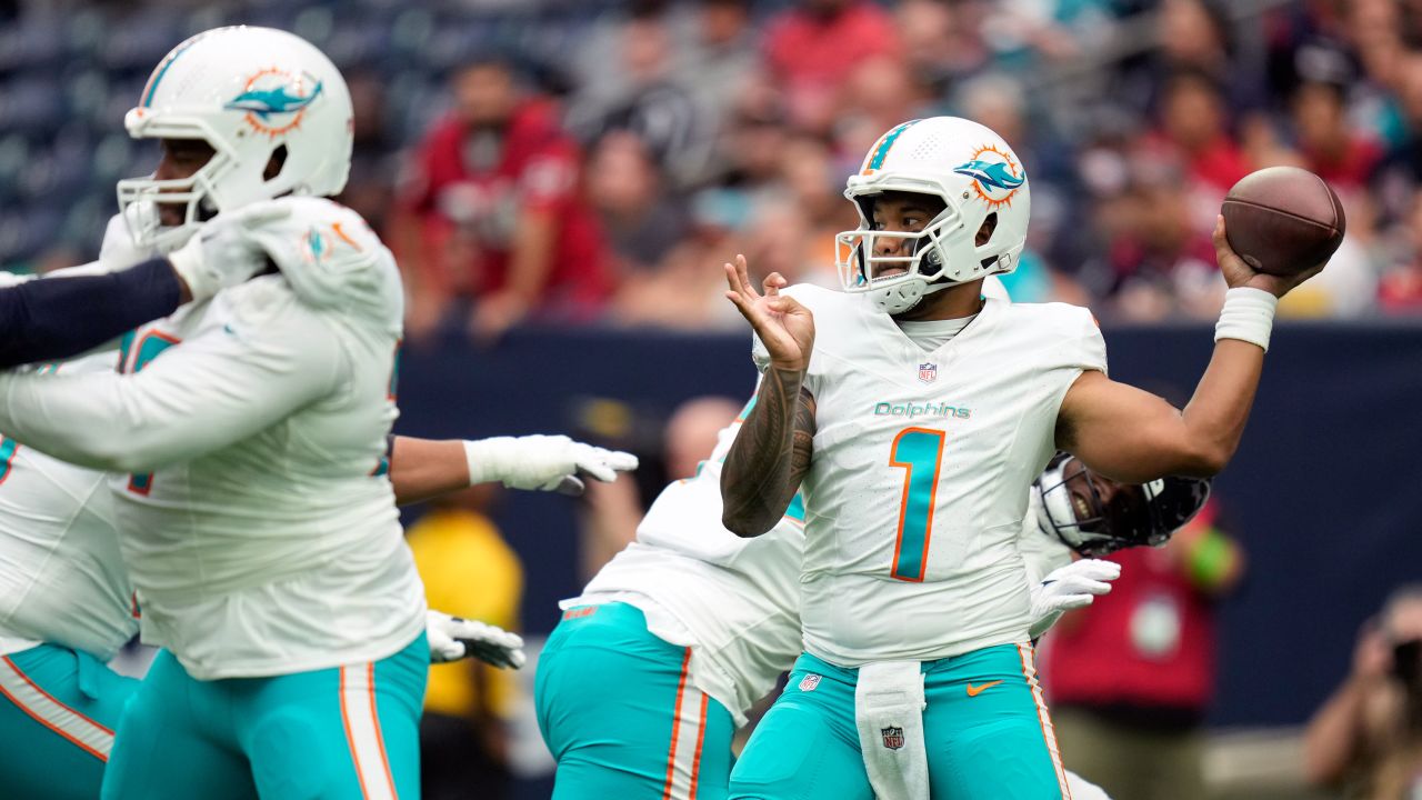 Miami Dolphins quarterback Tua Tagovailoa looks to pass against the Houston Texans during the first half of an NFL preseason football game, Saturday, Aug. 19, 2023, in Houston. (AP Photo/Eric Christian Smith)