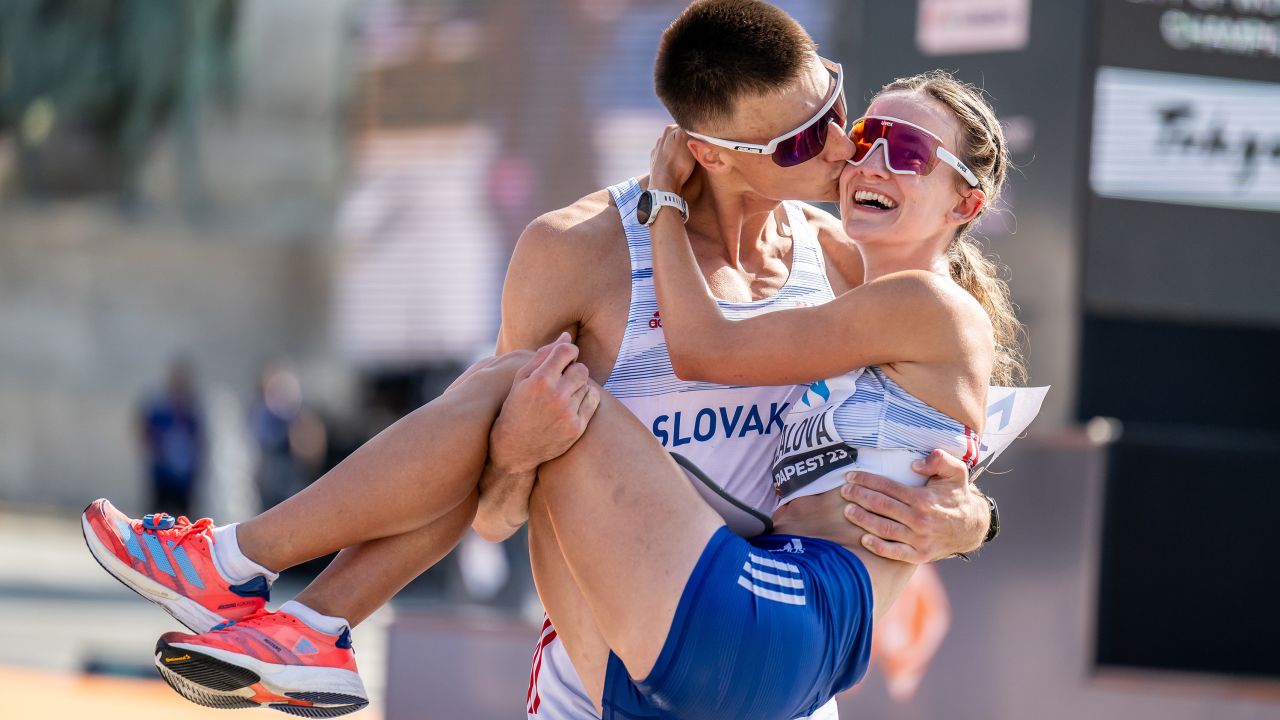 Dominik Cerny of Slovakia proposes to Hana Burzalova of Slovakia after competing in menâ€™s and womenâ€™s 35 km race walk during day 6 of the 2023 World Athletics Championships on August 24, 2023 in Budapest.