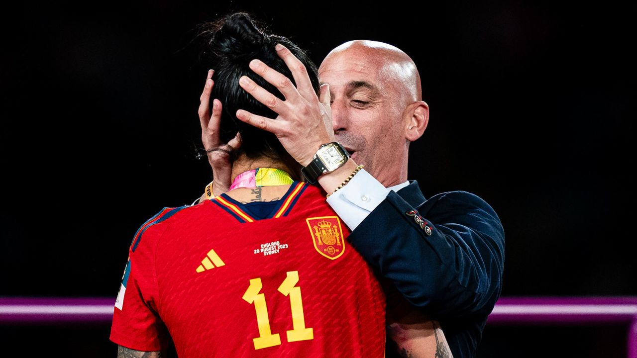 Luis Rubiales kisses Jennifer Hermoso during the medal ceremony of the FIFA Women's World Cup on August 20 in Sydney, Australia.