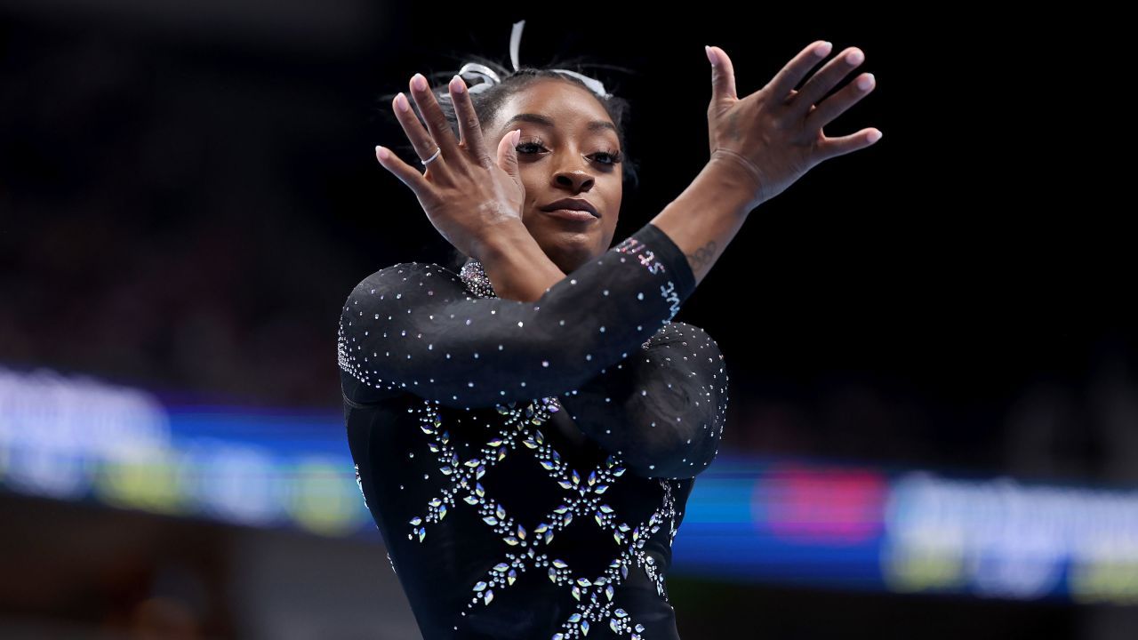 SAN JOSE, CALIFORNIA - AUGUST 27: Simone Biles competes in the floor exercise on day four of the 2023 U.S. Gymnastics Championships at SAP Center on August 27, 2023 in San Jose, California. (Photo by Ezra Shaw/Getty Images)