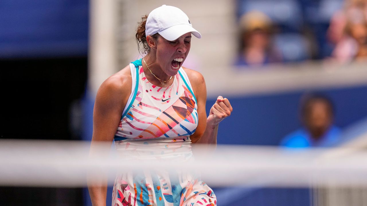 Madison Keys, of the United States, reacts after defeating Arantxa Rus, of the Netherlands, during the first round of the U.S. Open tennis championships, Tuesday, Aug. 29, 2023, in New York. (AP Photo/Manu Fernandez)