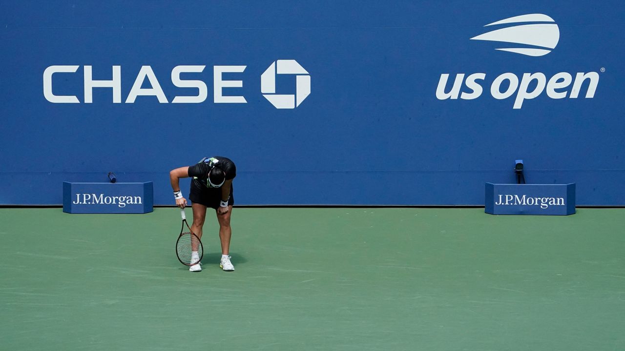 Tunisia's Ons Jabeur pauses while facing Colombia's Camila Osorio during the US Open tennis tournament women's singles first round match at the USTA Billie Jean King National Tennis Center in New York City, on August 29, 2023. (Photo by TIMOTHY A. CLARY / AFP) (Photo by TIMOTHY A. CLARY/AFP via Getty Images)