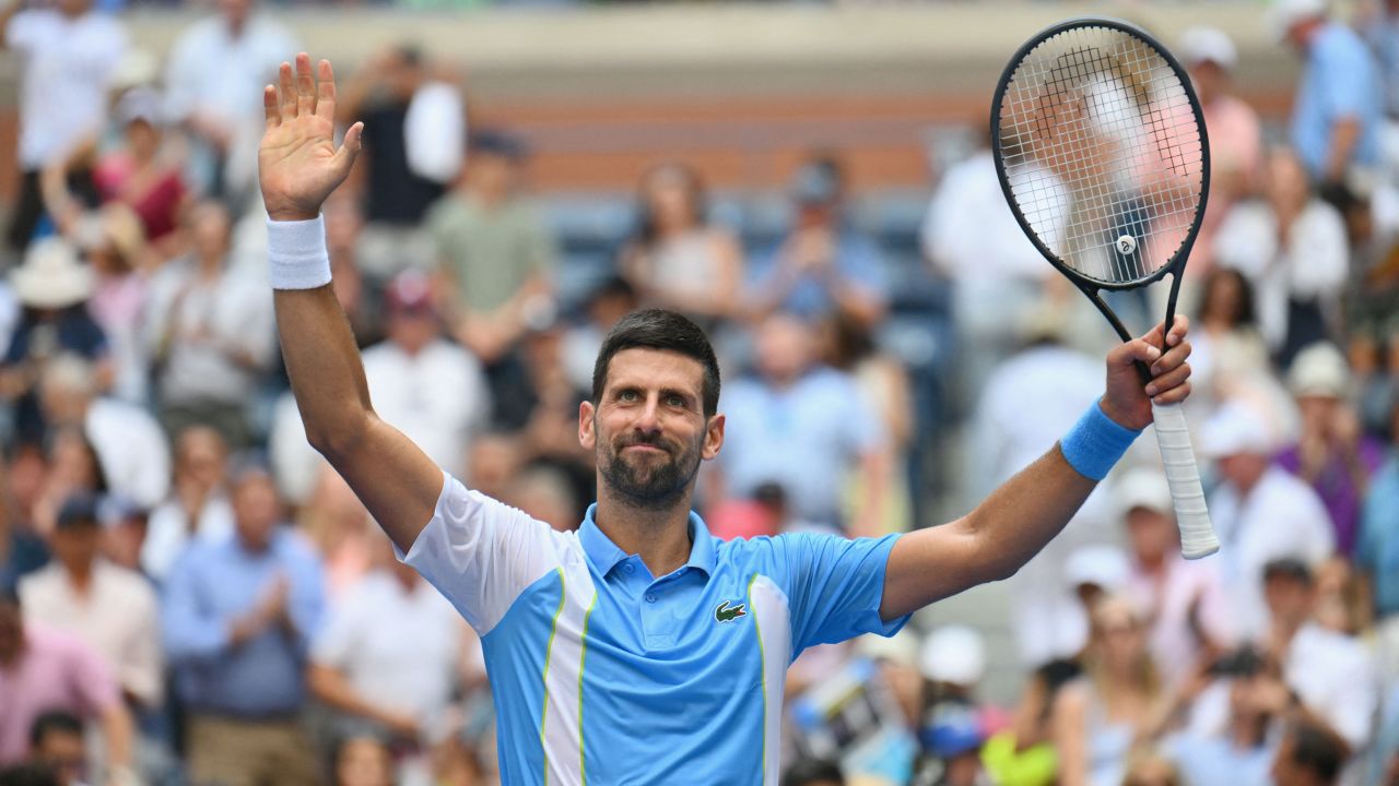 Serbia's Novak Djokovic reacts after defeating Spain's Bernabe Zapata Miralles during the US Open tennis tournament men's singles second round match at the USTA Billie Jean King National Tennis Center in New York on August 30, 2023. (Photo by ANGELA WEISS / AFP) (Photo by ANGELA WEISS/AFP via Getty Images)