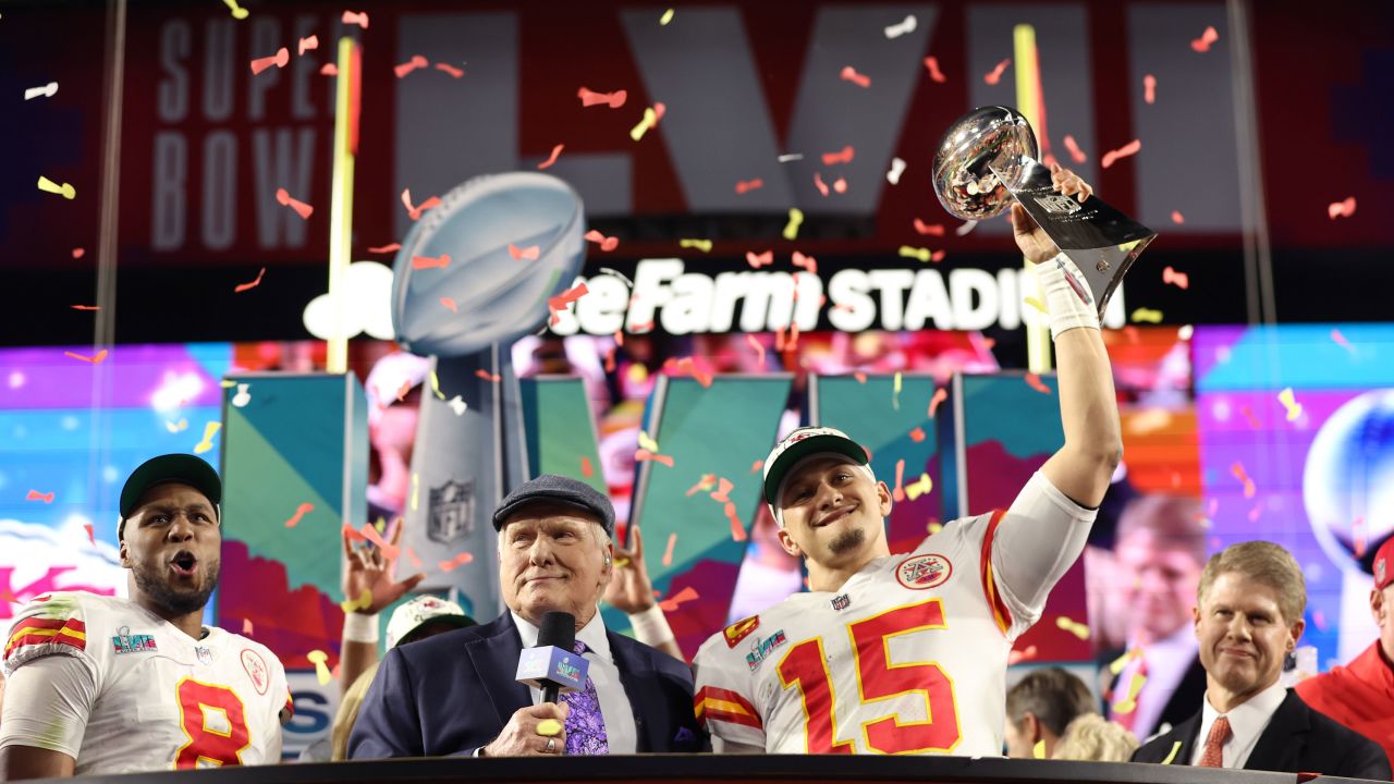 GLENDALE, ARIZONA - FEBRUARY 12: Patrick Mahomes #15 of the Kansas City Chiefs celebrates with the the Vince Lombardi Trophy after defeating the Philadelphia Eagles 38-35 in Super Bowl LVII at State Farm Stadium on February 12, 2023 in Glendale, Arizona. (Photo by Christian Petersen/Getty Images)