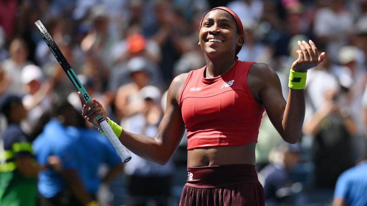 Gauff celebrates her win over Ostapenko.