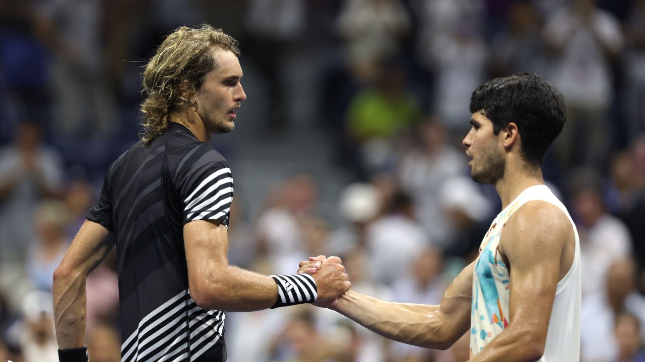 NEW YORK, NEW YORK - SEPTEMBER 06: Carlos Alcaraz of Spain shakes hands after defeating Alexander Zverev of Germany during their Men's Singles Quarterfinal match on Day Ten of the 2023 US Open at the USTA Billie Jean King National Tennis Center on September 06, 2023 in the Flushing neighborhood of the Queens borough of New York City. (Photo by Clive Brunskill/Getty Images)