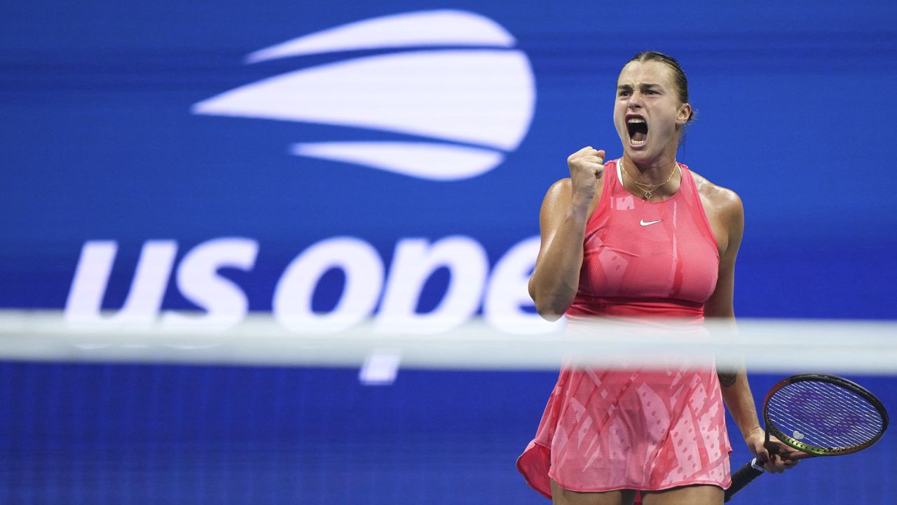 Sabalenka celebrates during a match at the US Open.