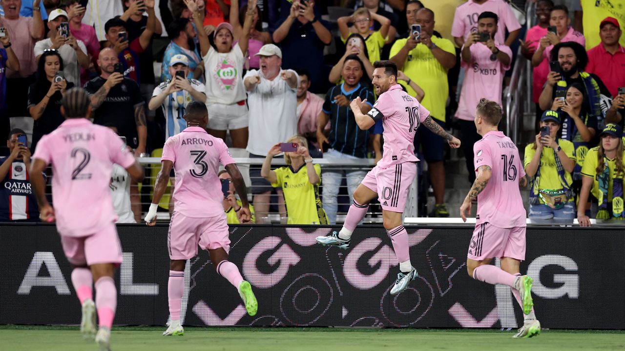 NASHVILLE, TENNESSEE - AUGUST 19: Lionel Messi #10 of Inter Miami celebrates with his teammates after scoring a goal in the 23rd minute against the Nashville SC during first half in the Leagues Cup 2023 final match between Inter Miami CF and Nashville SC at GEODIS Park on August 19, 2023 in Nashville, Tennessee. (Photo by Tim Nwachukwu/Getty Images)