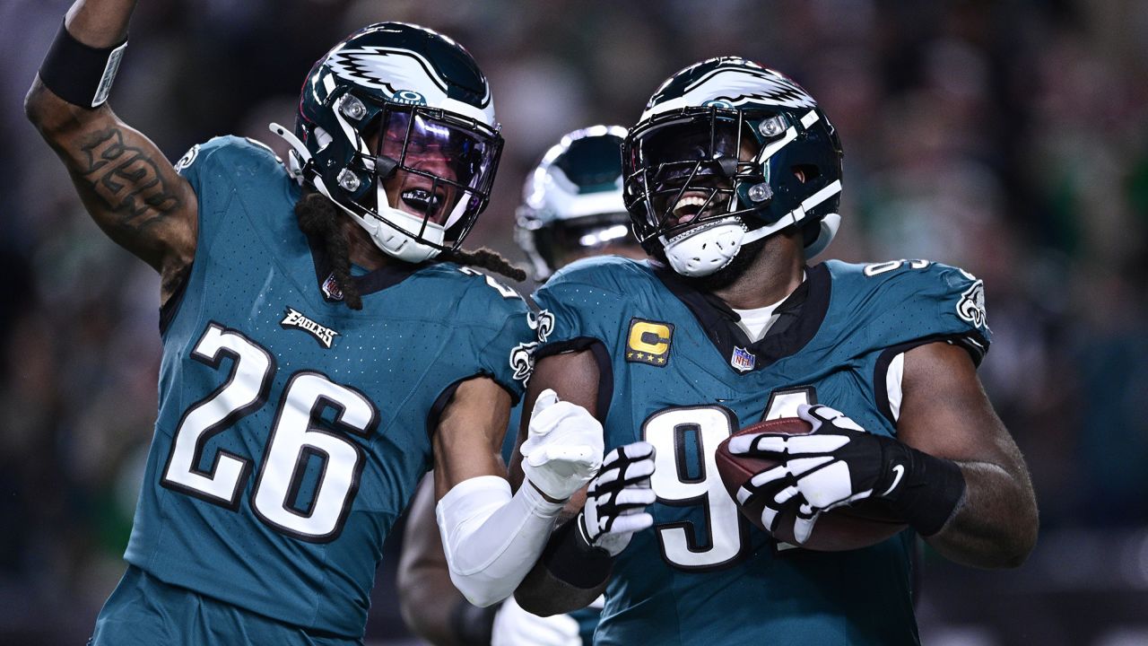 Philadelphia Eagles safety Terrell Edmunds (26) and Eagles defensive tackle Fletcher Cox (91) celebrate Cox's fumble recovery during the second half of an NFL football game against the Minnesota Vikings on Thursday, Sept. 14, 2023, in Philadelphia. (AP Photo/Derik Hamilton)