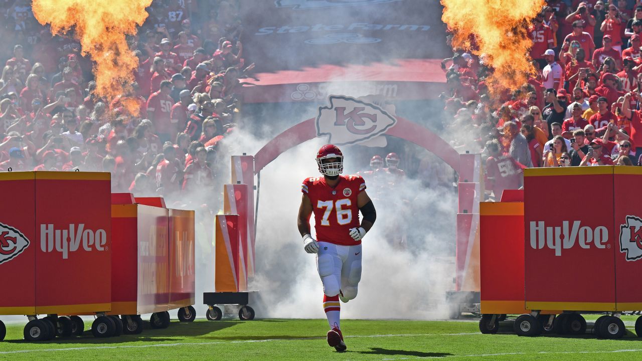 KANSAS CITY, MO - SEPTEMBER 23:  Offensive tackle Laurent Duvernay-Tardif #76 of the Kansas City Chiefs is introduced prior to a game against the San Francisco 49ers on September 23, 2018 at Arrowhead Stadium in Kansas City, Missouri.  (Photo by Peter G. Aiken/Getty Images)