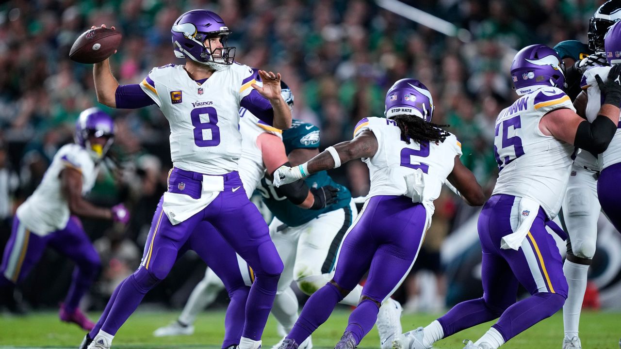 Minnesota Vikings quarterback Kirk Cousins (8) looks to pass during the first half of an NFL football game against the Philadelphia Eagles on Thursday, Sept. 14, 2023, in Philadelphia.