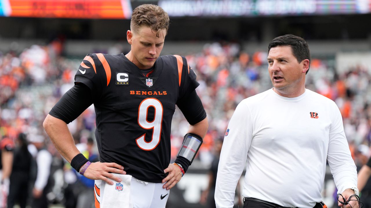 Cincinnati Bengals quarterback Joe Burrow (9) walks off the field following an NFL football game against the Baltimore Ravens Sunday, Sept. 17, 2023, in Cincinnati. The Ravens won 27-24.