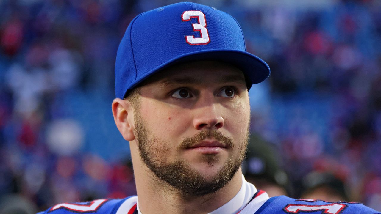 ORCHARD PARK, NEW YORK - JANUARY 08: Josh Allen #17 of the Buffalo Bills looks on after Buffalo's 35-23 win against the New England Patriots at Highmark Stadium on January 08, 2023 in Orchard Park, New York. (Photo by Timothy T Ludwig/Getty Images)