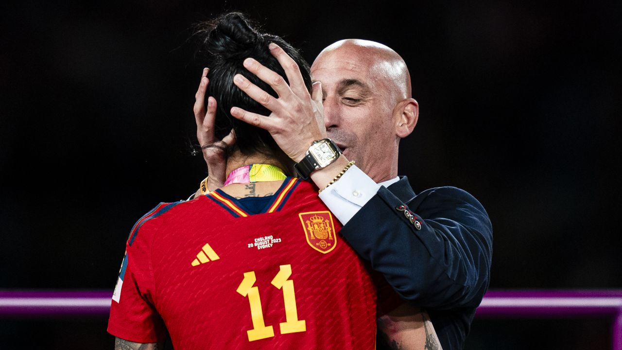 Luis Rubiales (R) pictured kissing  Jenni Hermoso after the Women's World Cup final.