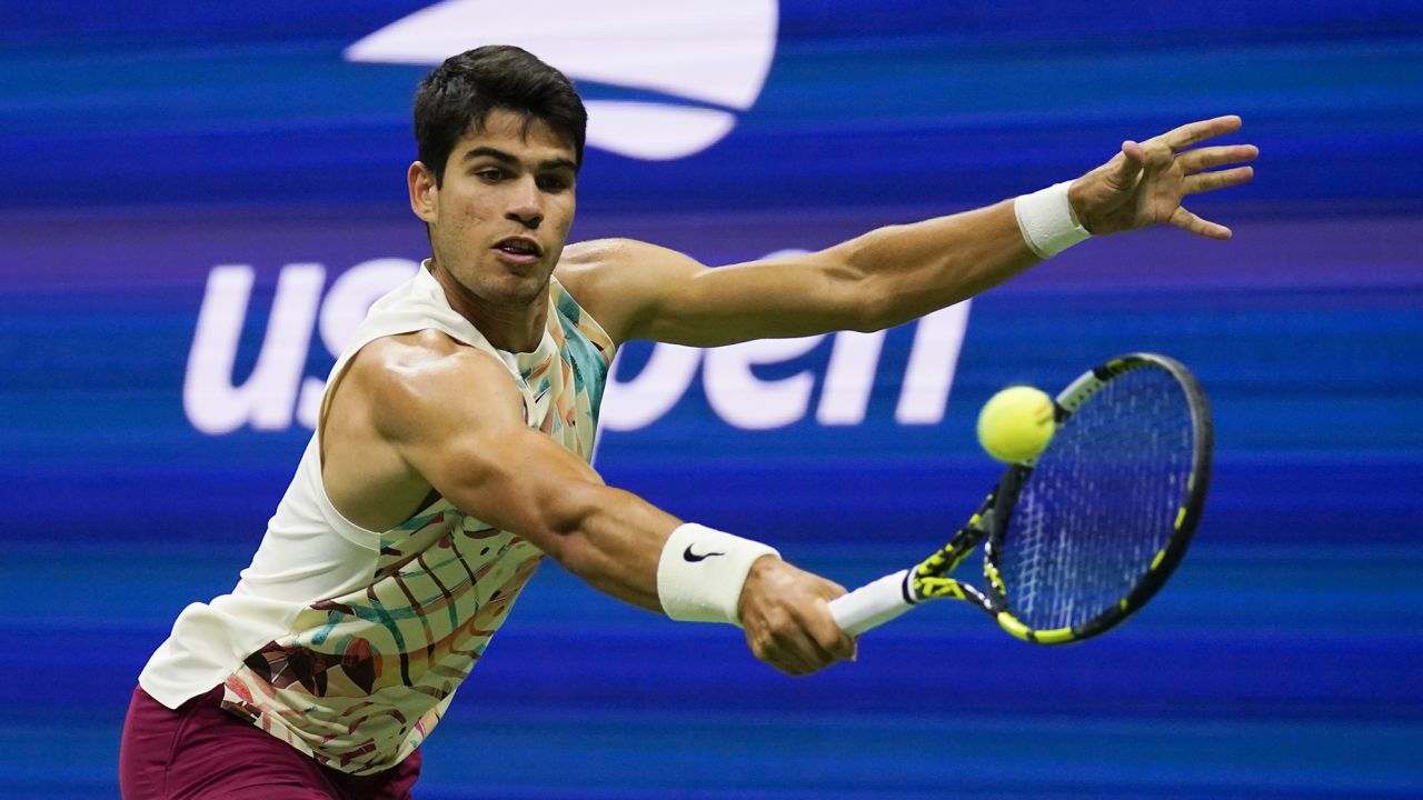 Carlos Alcaraz, of Spain, returns a shot to Lloyd Harris, of South Africa, during the second round of the U.S. Open tennis championships, Thursday, Aug. 31, 2023, in New York. (AP Photo/Charles Krupa)