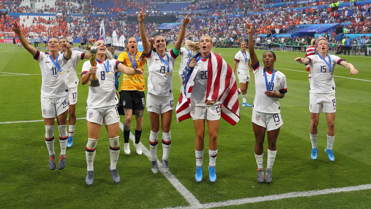 LYON, FRANCE - JULY 07:  Players of the USA celebrate following their sides victory in the 2019 FIFA Women's World Cup France Final match between The United States of America and The Netherlands at Stade de Lyon on July 07, 2019 in Lyon, France. (Photo by Richard Heathcote/Getty Images)