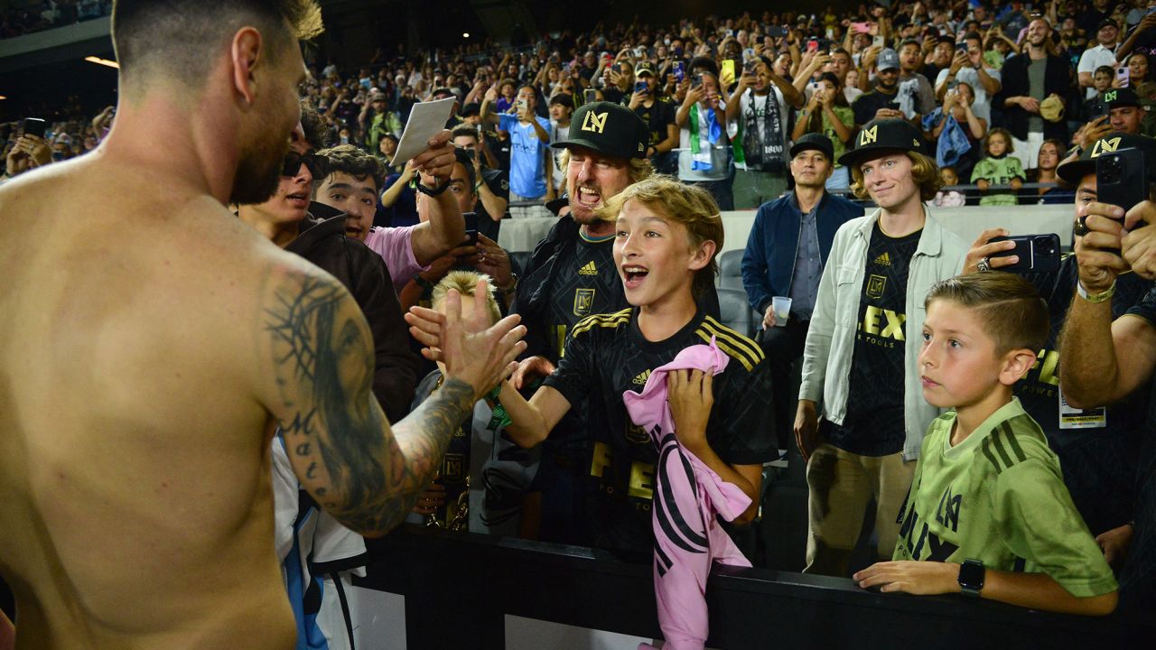 Sep 3, 2023; Los Angeles, California, USA; Inter Miami forward Lionel Messi (10) meets with actor Owen Wilson following the victory against Los Angeles FC at BMO Stadium. Mandatory Credit: Gary A. Vasquez-USA TODAY Sports