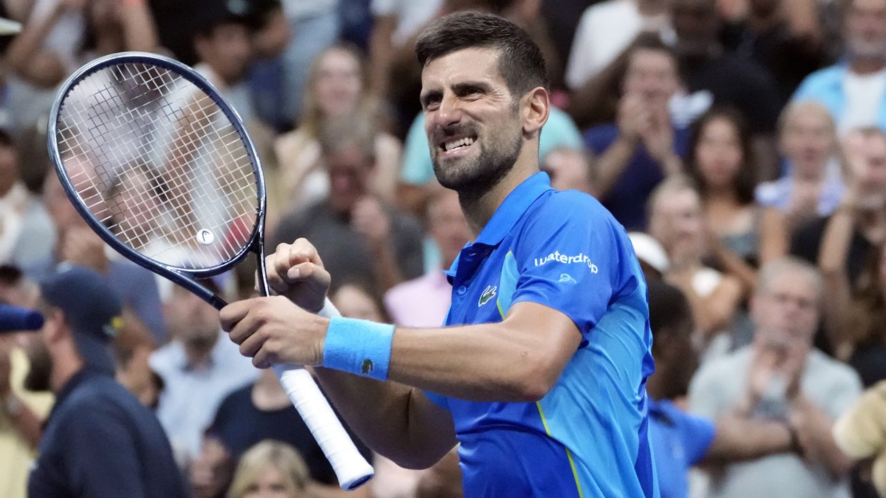 Novak Djokovic, of Serbia, celebrates after defeating Borna Gojo, of Croatia, during the fourth round of the U.S. Open tennis championships, Sunday, Sept. 3, 2023, in New York. (AP Photo/John Minchillo)