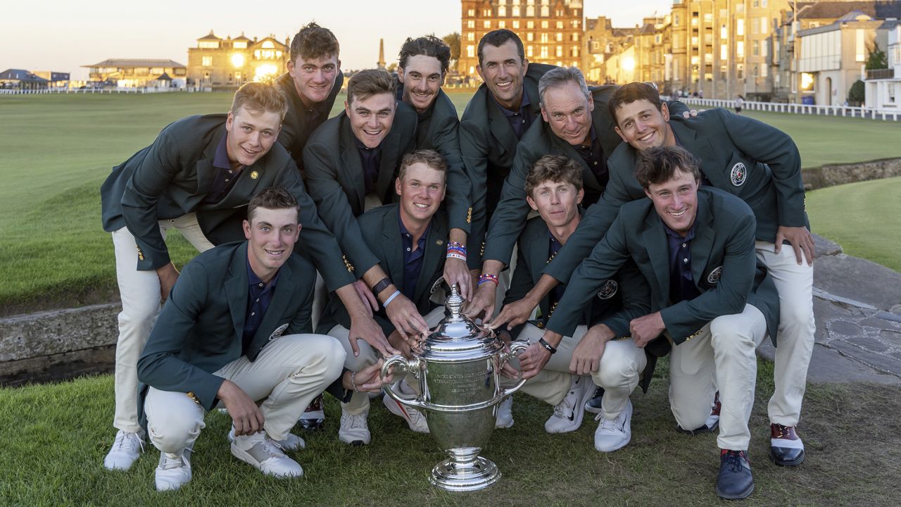 USA celebrate their victory at the Silken Bridge during day two of the 2023 Walker Cup at St Andrews. Picture date: Sunday September 3, 2023. 73588702 (Press Association via AP Images)