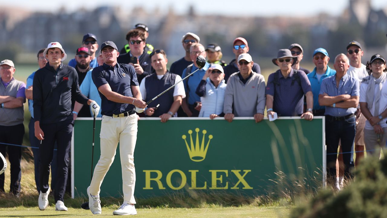 ST ANDREWS, SCOTLAND - SEPTEMBER 3:   Nick Dunlap of the United States tees off during the Sunday Singles on Day Two of the Walker Cup at St Andrews Old Course on September 3, 2023 in St Andrews, Scotland. (Photo by Oisin Keniry/R&A/R&A via Getty Images)