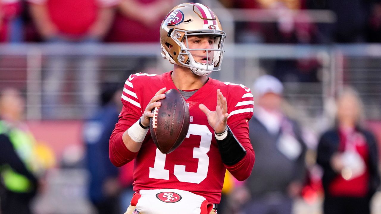 SANTA CLARA, CALIFORNIA - JANUARY 22: Brock Purdy #13 of the San Francisco 49ers looks to pass against the Dallas Cowboys during the first quarter in the NFC Divisional Playoff game at Levi's Stadium on January 22, 2023 in Santa Clara, California. (Photo by Thearon W. Henderson/Getty Images)