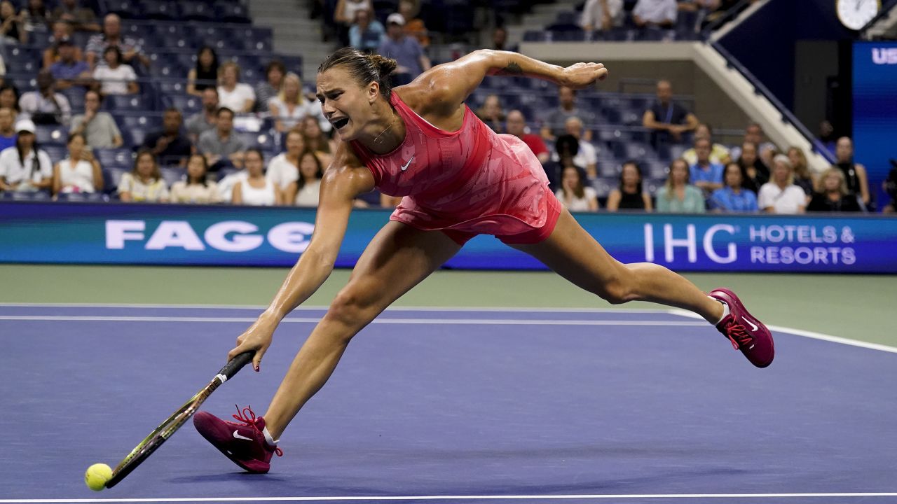 Aryna Sabalenka, of Belarus, can't make a return on a drop shot from Madison Keys, of the United States, during the women's singles semifinals of the U.S. Open tennis championships, Friday, Sept. 8, 2023, in New York. (AP Photo/Charles Krupa)