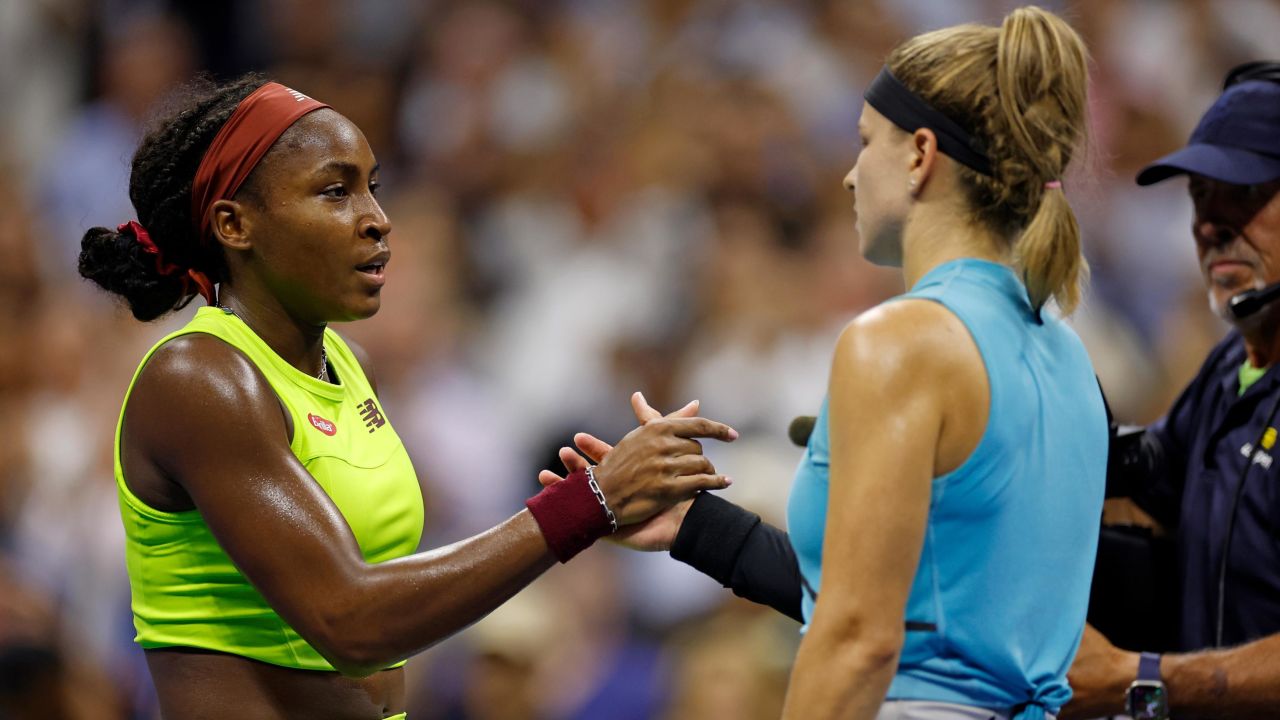 NEW YORK, NEW YORK - SEPTEMBER 07: Coco Gauff of the United States shakes hands with Karolina Muchova of the Czech Republic following their Women's Singles Semifinal match on Day Eleven of the 2023 US Open at the USTA Billie Jean King National Tennis Center on September 07, 2023 in the Flushing neighborhood of the Queens borough of New York City. (Photo by Sarah Stier/Getty Images)