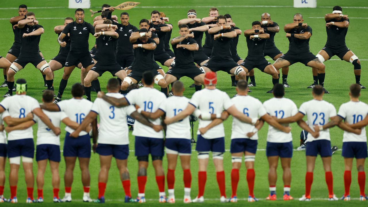 Rugby Union - Rugby World Cup 2023 - Pool A - France v New Zealand - Stade de France, Saint-Denis, France - September 8, 2023
New Zealand players perform the Haka in front of the France players before the match REUTERS/Christian Hartmann