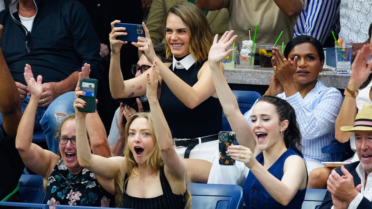 Cara Delevingne, Amanda Seyfried, Mindy Kaling, Rachel Brosnahan are seen at the Final game with Coco Gauff vs. Aryna Sabalenka at the 2023 US Open Tennis Championships on September 09, 2023 in New York City.