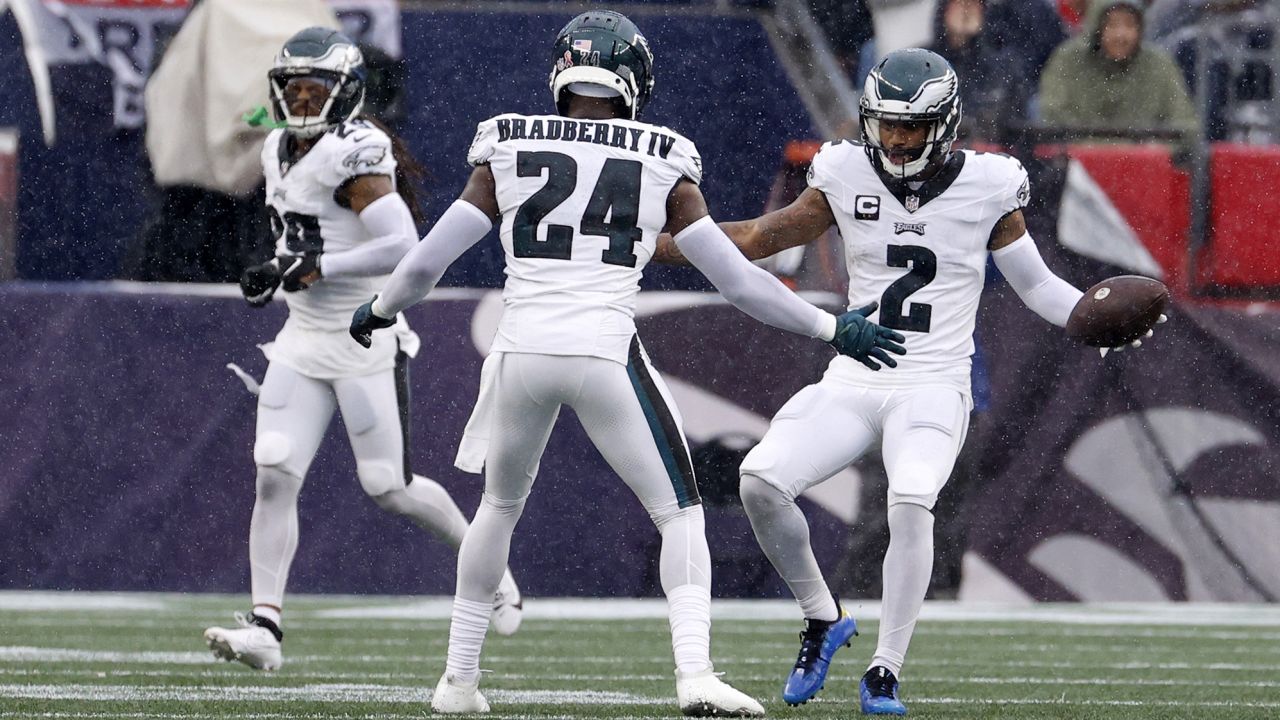 FOXBOROUGH, MA - SEPTEMBER 10: Philadelphia Eagles cornerback Darius Slay (2) celebrates his pick six with Philadelphia Eagles cornerback James Bradberry (24) during a game between the New England Patriots and the Philadelphia Eagles on September 10, 2023, at Gillette Stadium in Foxborough, Massachusetts. (Photo by Fred Kfoury III/Icon Sportswire via Getty Images)